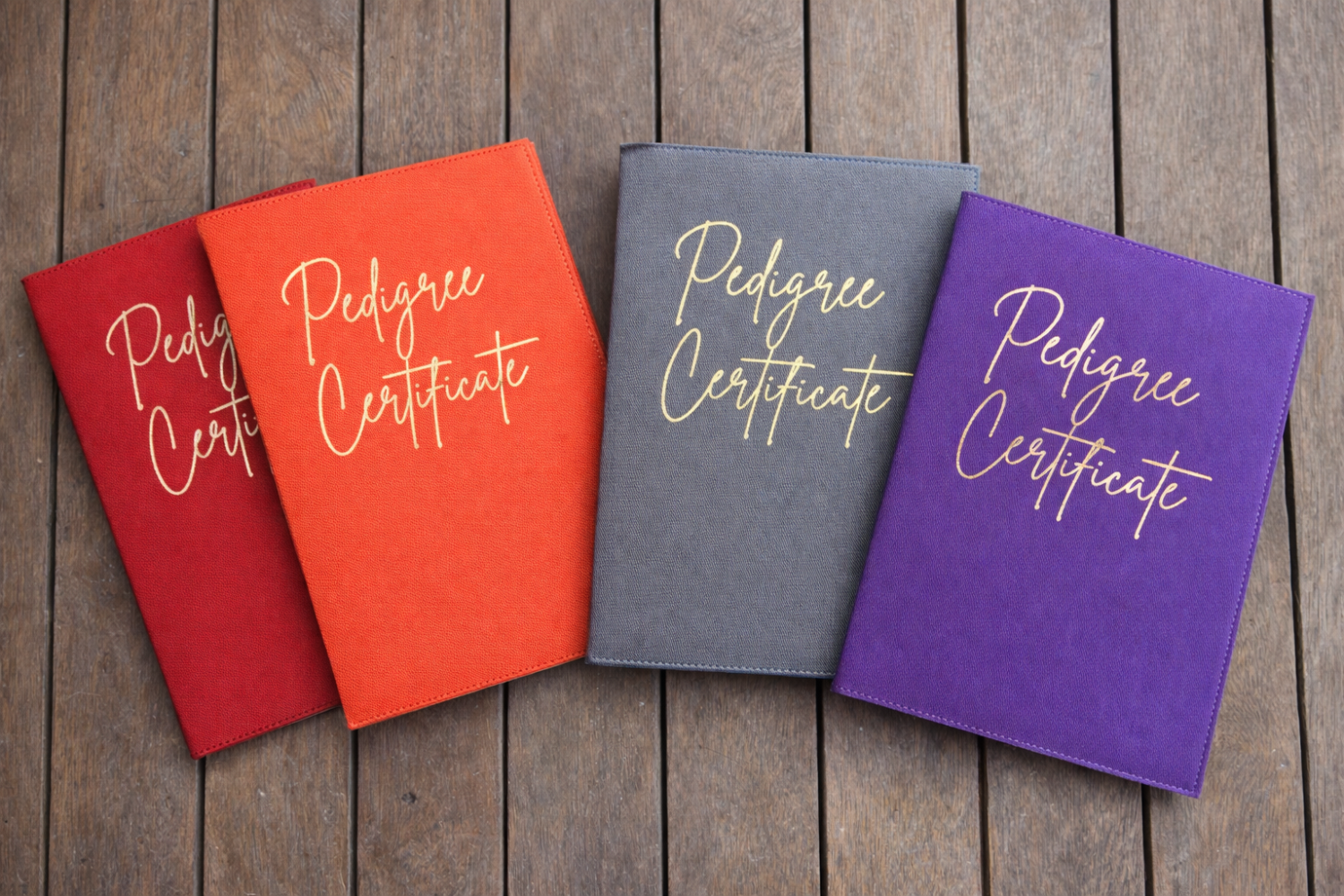 Four 'Pedigree Certificate' books in red, orange, gray, and purple on a wooden surface.