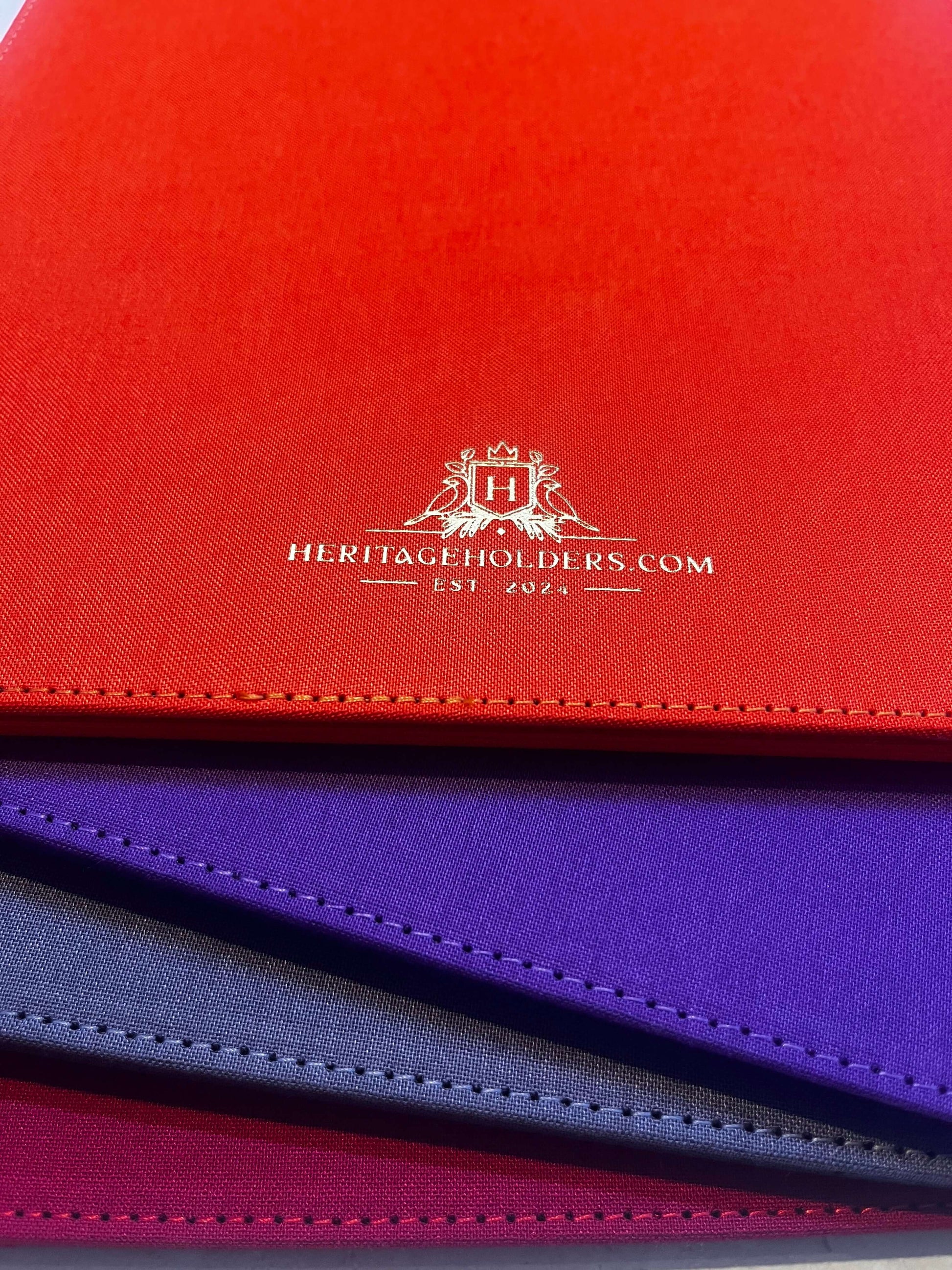 Red, purple, and blue fabric swatches with 'Heritage Holders' logo.